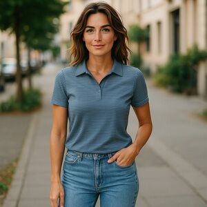 Cutter & Buck Shirt Womens XLarge Blue Striped CB DryTec Luxe Golf Polo Cooling